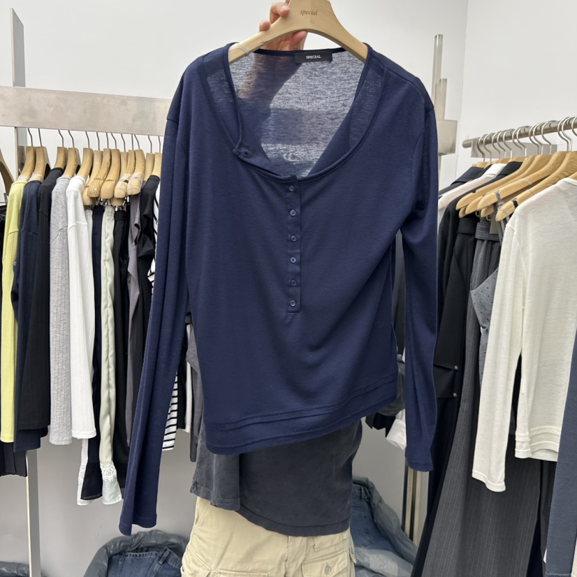 SPECIAL韓國東大門代購女裝新品休閑人氣時尚26春夏長袖T恤SPECIAL長袖T恤圖色2深藍色