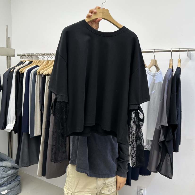 SPECIAL韓國直郵女裝新品人氣職業休閑26春夏推薦長袖T恤SPECIAL長袖T恤圖色2黑色蕾絲袖子