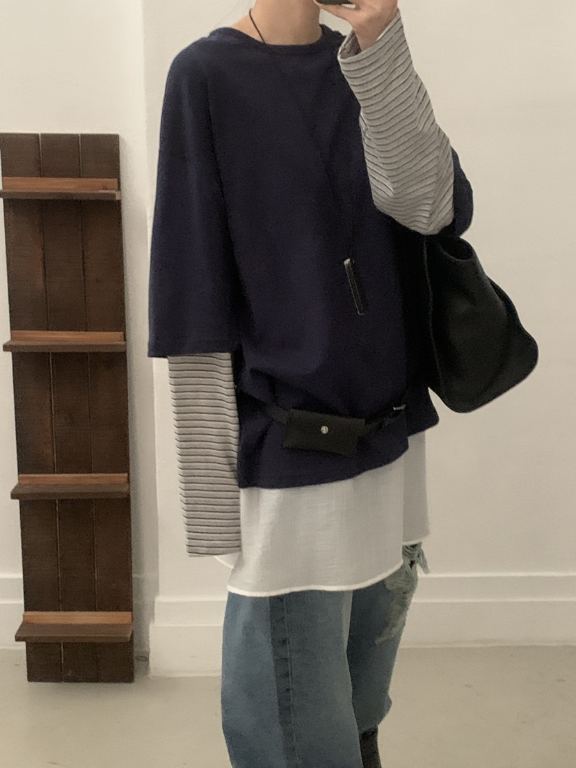 TRUE韓國直郵女士新品時尚26春夏熱賣休閑推薦長袖T恤假兩件TRUE長袖T恤