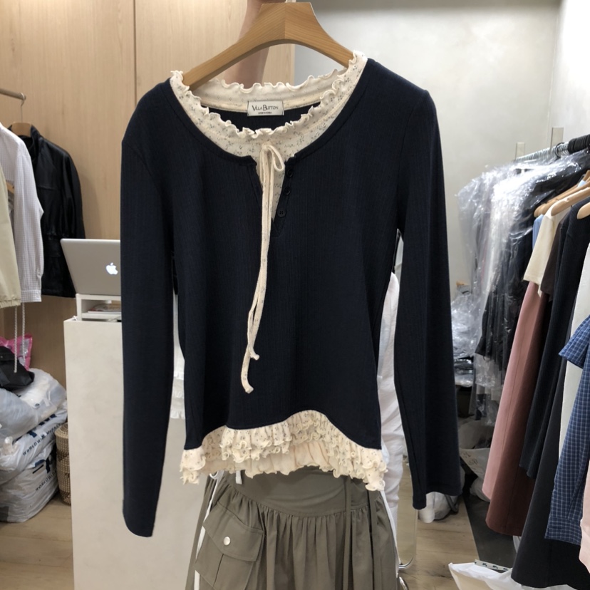 VILLABUTTON韓國直郵實拍女士新款26春夏長袖T恤荷葉邊花朵VILLABUTTON長袖T恤圖色1