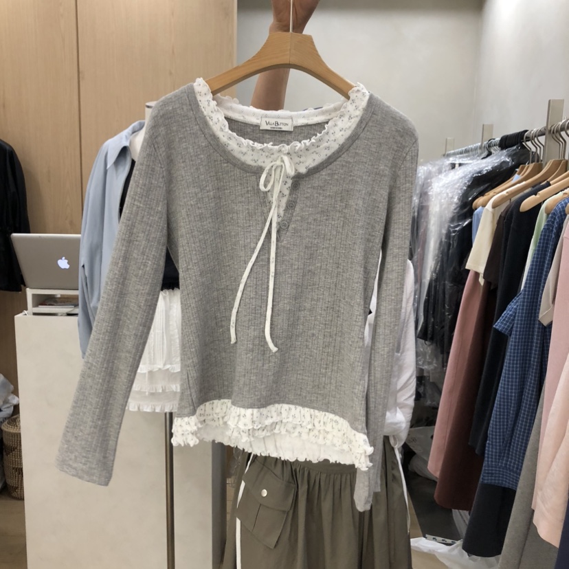 VILLABUTTON韓國直郵實拍女士新款26春夏長袖T恤荷葉邊花朵VILLABUTTON長袖T恤圖色2