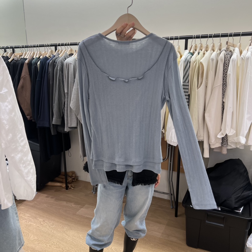 SPAGHETTI韓國代購女士新品職業26春夏熱賣長袖T恤假兩件spaghetti長袖T恤