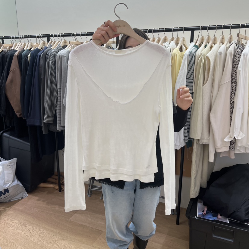 SPAGHETTI韓國代購女士新品職業26春夏熱賣長袖T恤假兩件spaghetti長袖T恤圖色1