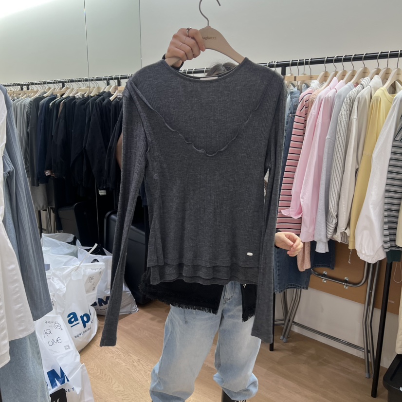 SPAGHETTI韓國代購女士新品職業26春夏熱賣長袖T恤假兩件spaghetti長袖T恤圖色3