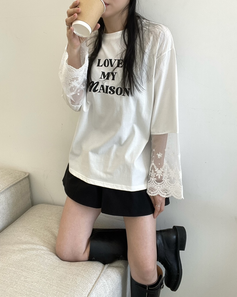 ALLVIBE韓國直郵實拍女士新款推薦熱賣休閑26春夏長袖T恤蕾絲ALLVIBE長袖T恤