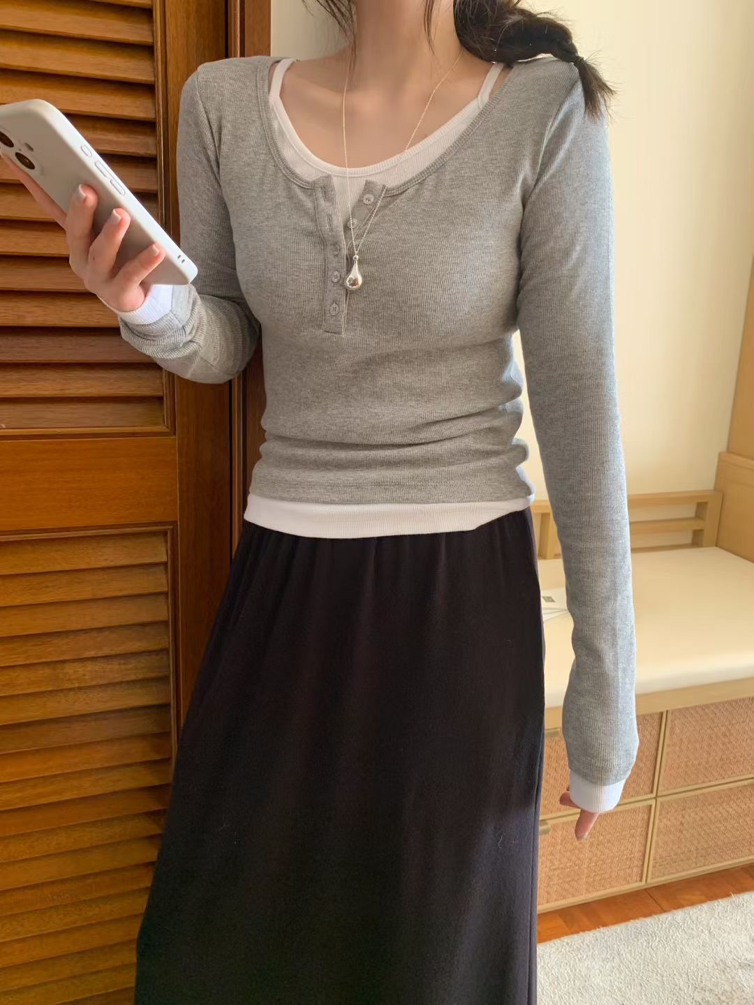 MELLOUNGE-멜라운지-T韓國東大門代購女士新款人氣長袖T恤假兩件MELLOUNGE-2件起長袖T恤圖色2