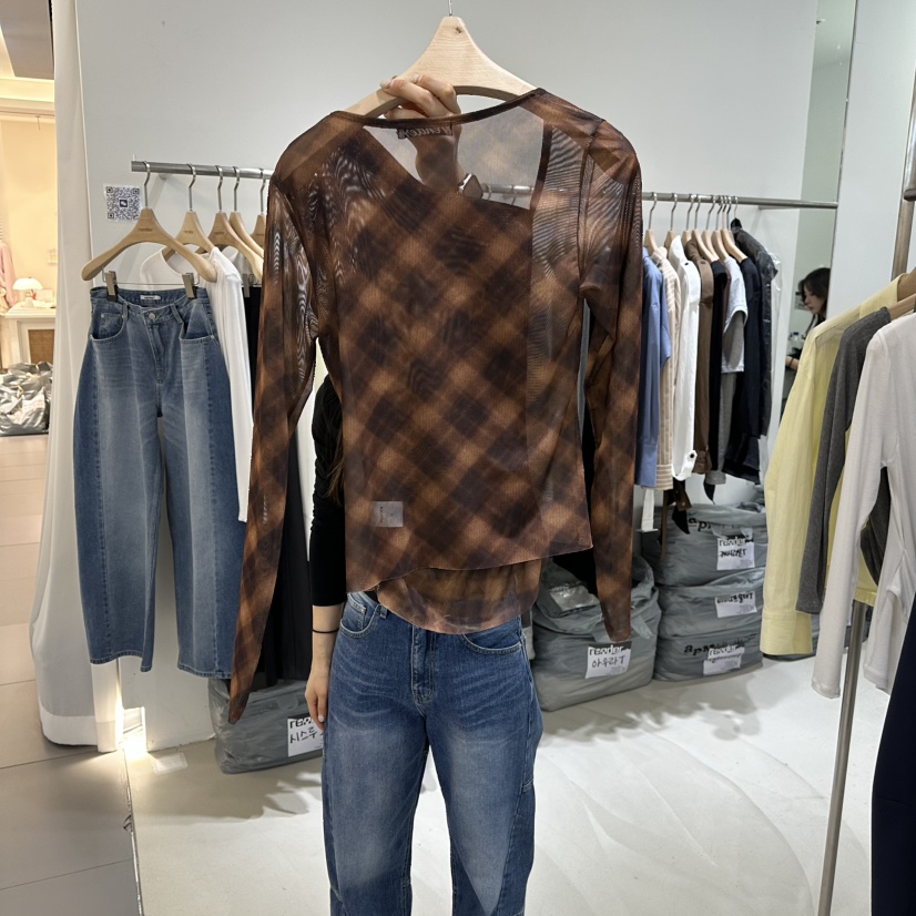 RENDER東大門實拍女裝新款真品人氣熱賣襯衫蕾絲衫格子透明RENDER襯衫/蕾絲衫