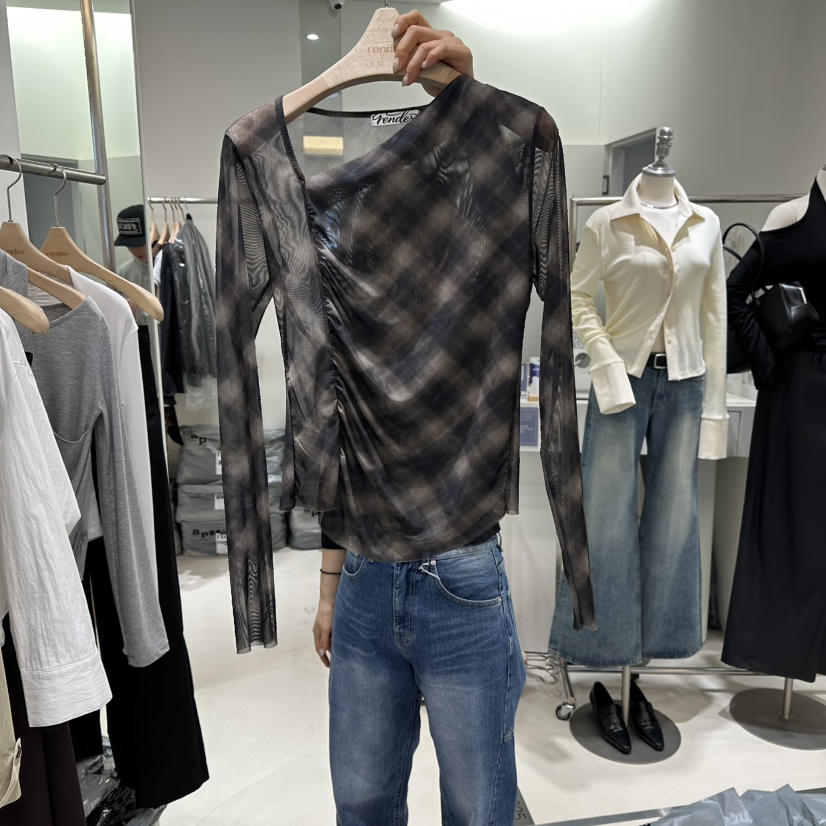 RENDER東大門實拍女裝新款真品人氣熱賣襯衫蕾絲衫格子透明RENDER襯衫/蕾絲衫圖色1