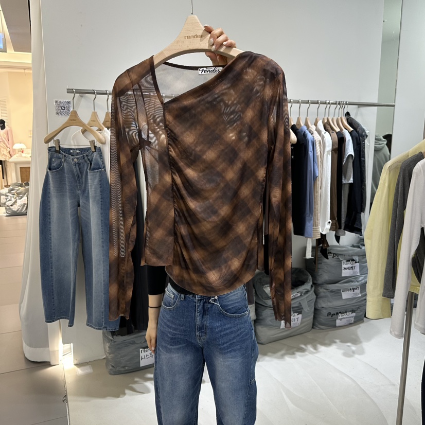 RENDER東大門實拍女裝新款真品人氣熱賣襯衫蕾絲衫格子透明RENDER襯衫/蕾絲衫圖色3
