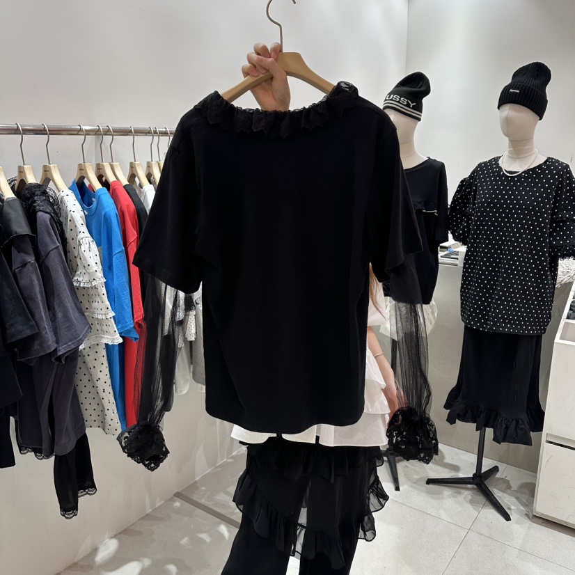 MINI UNNI韓國東大門直郵女士新款26春夏長袖T恤假兩件披肩蕾絲MINI UNNI長袖T恤