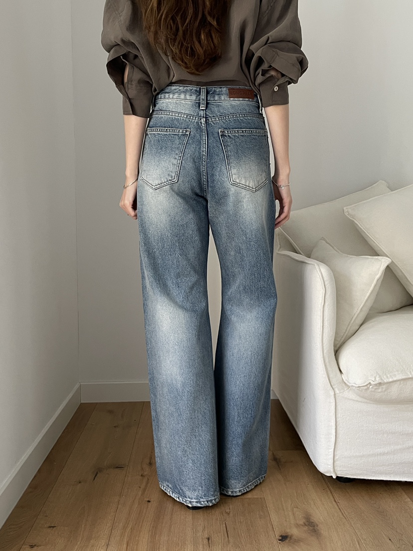 LONG PEAK韓國東大門直郵女裝新款人氣推薦牛仔褲水洗褶裥LONG PEAK牛仔褲