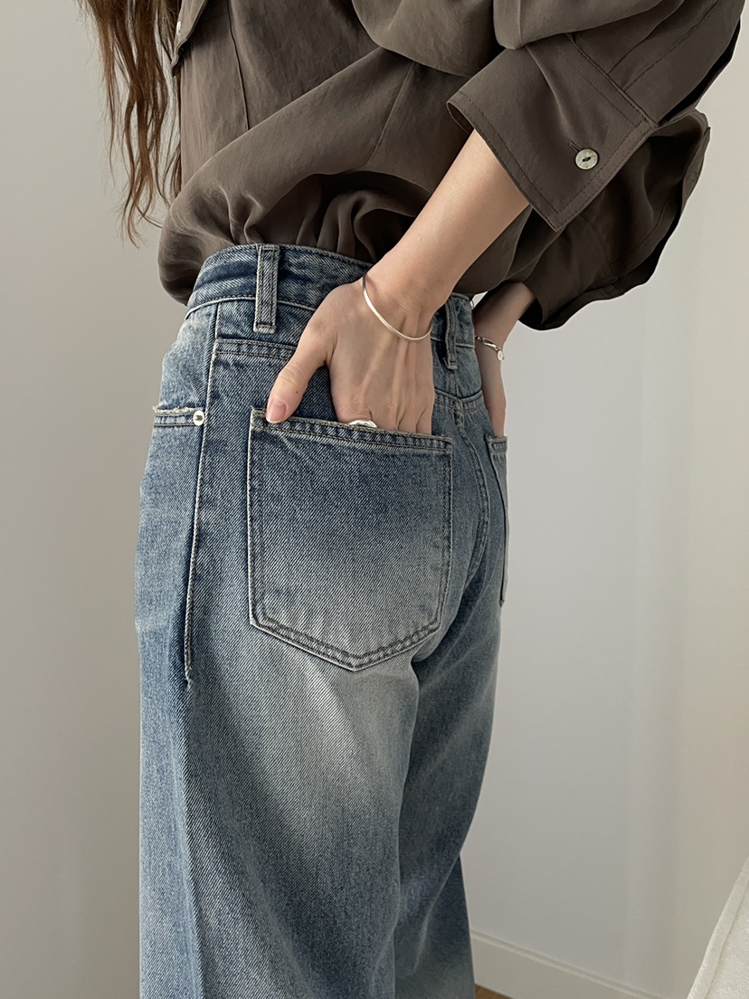 LONG PEAK韓國東大門直郵女裝新款人氣推薦牛仔褲水洗褶裥LONG PEAK牛仔褲