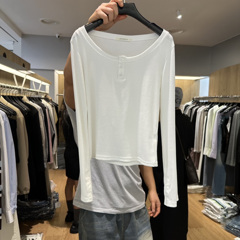 LEFANCY東大門實拍女士新款26春夏休閑時尚職業長袖T恤紐扣LEFANCY長袖T恤圖色1