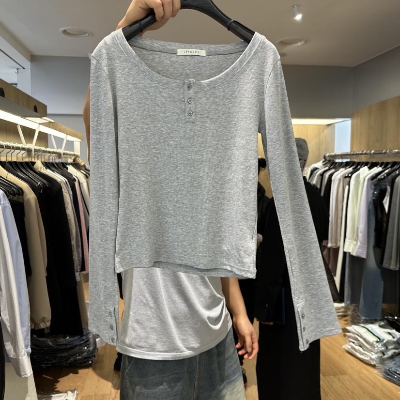 LEFANCY東大門實拍女士新款26春夏休閑時尚職業長袖T恤紐扣LEFANCY長袖T恤圖色3