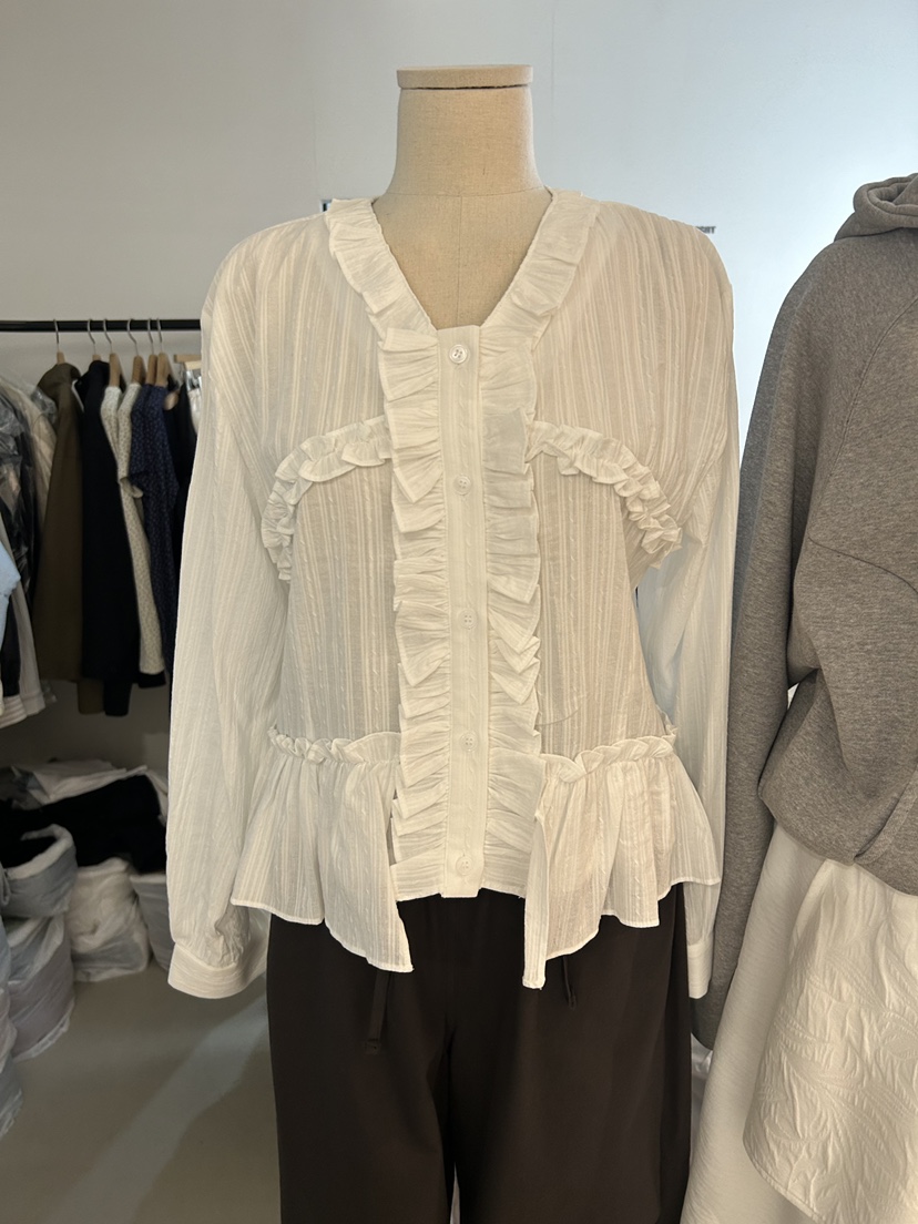 AS THOUGHT韓國代購女士新品推薦26春夏襯衫蕾絲衫荷葉邊AS THOUGHT襯衫/蕾絲衫圖色1