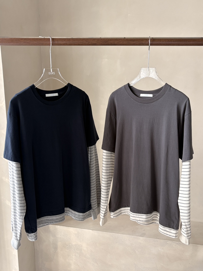OURS韓國東大門直郵女裝新款熱賣人氣職業長袖T恤假兩件條紋OURS長袖T恤