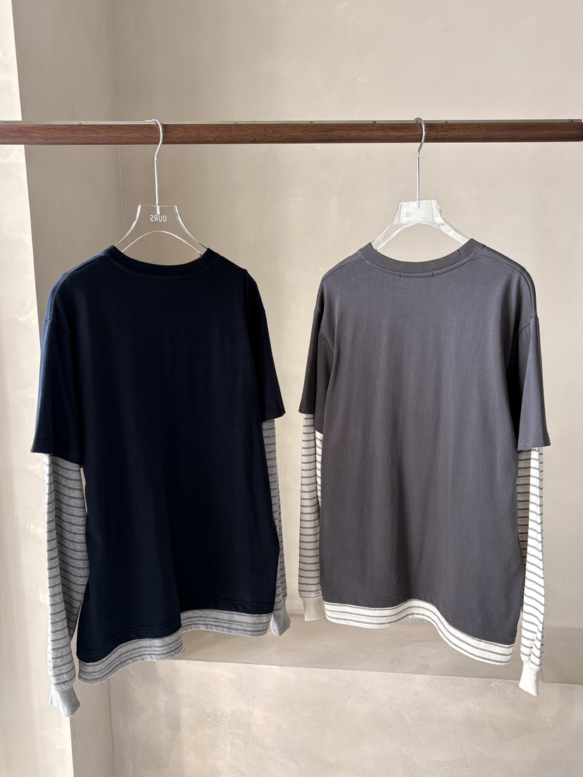 OURS韓國東大門直郵女裝新款熱賣人氣職業長袖T恤假兩件條紋OURS長袖T恤