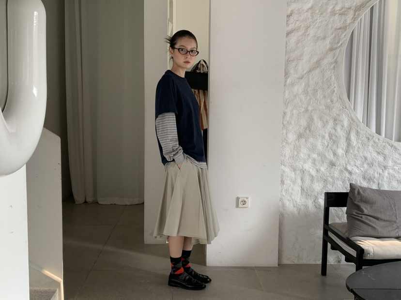 OURS韓國東大門直郵女裝新款熱賣人氣職業長袖T恤假兩件條紋OURS長袖T恤