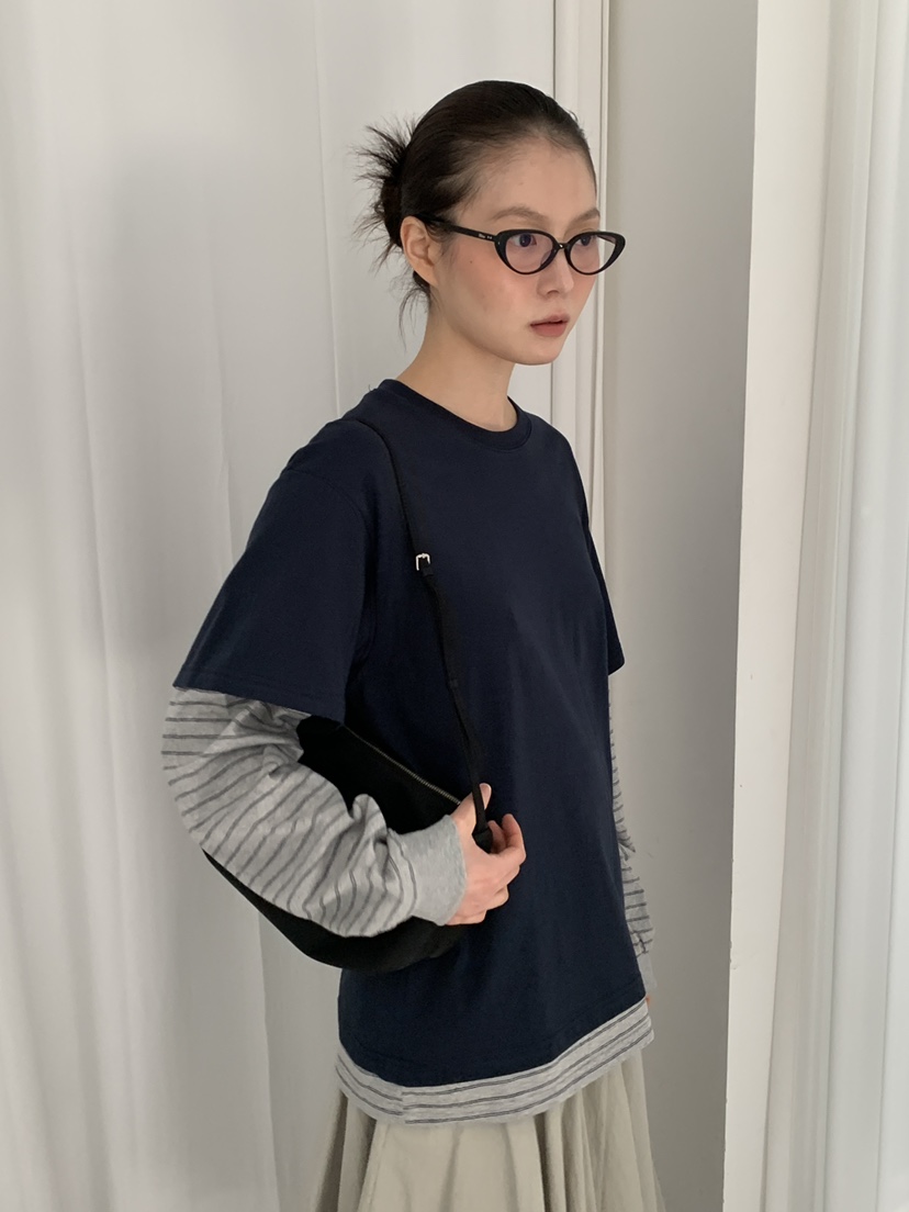 OURS韓國東大門直郵女裝新款熱賣人氣職業長袖T恤假兩件條紋OURS長袖T恤