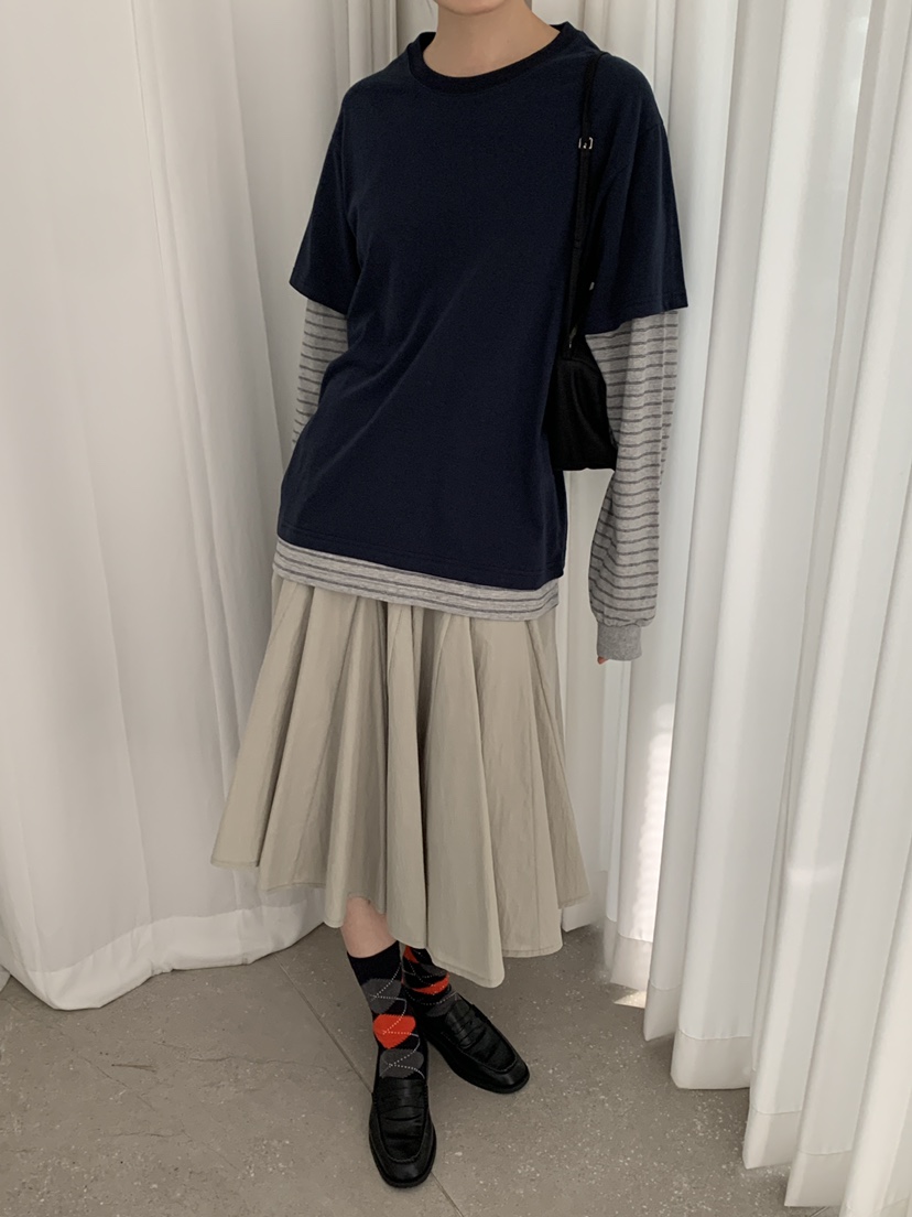 OURS韓國東大門直郵女裝新款熱賣人氣職業長袖T恤假兩件條紋OURS長袖T恤