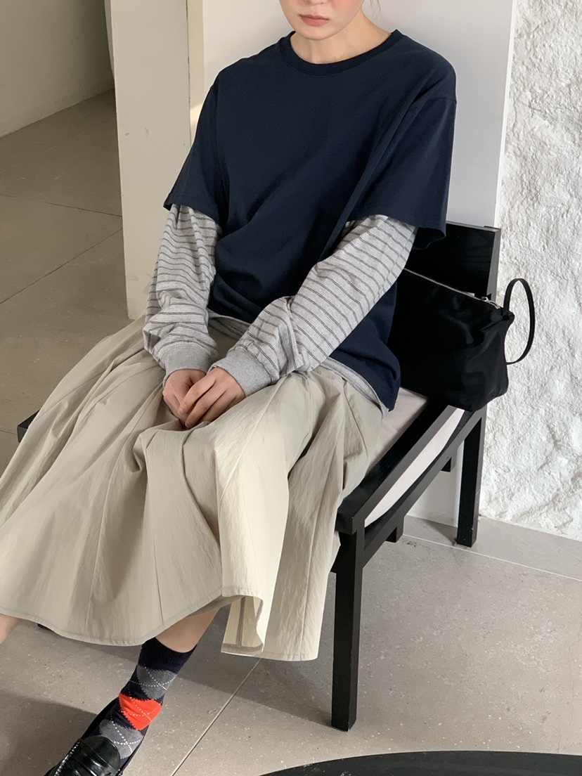 OURS韓國東大門直郵女裝新款熱賣人氣職業長袖T恤假兩件條紋OURS長袖T恤