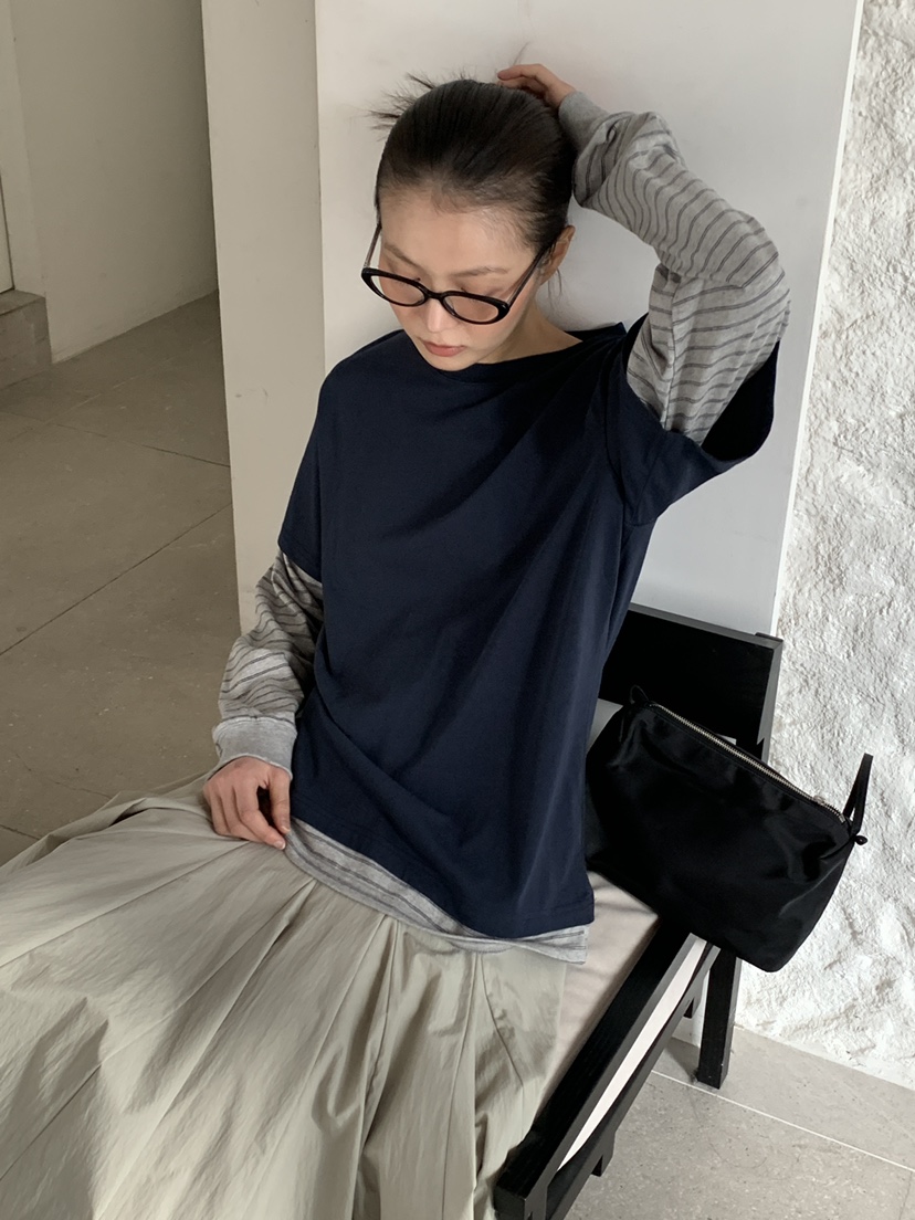 OURS韓國東大門直郵女裝新款熱賣人氣職業長袖T恤假兩件條紋OURS長袖T恤