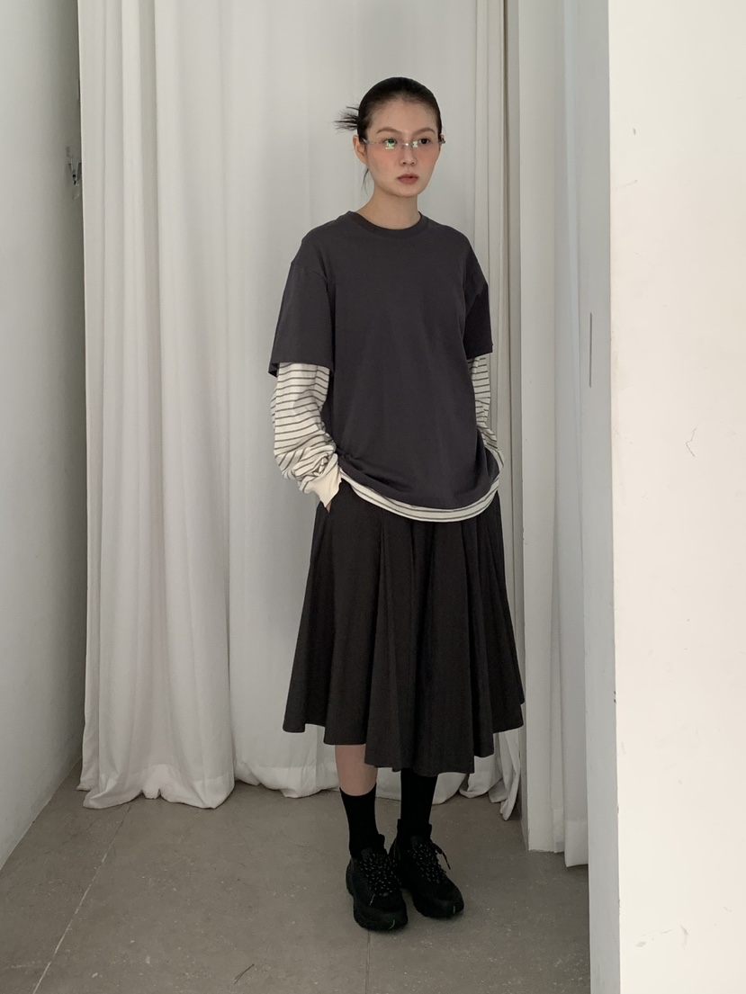 OURS韓國東大門直郵女裝新款熱賣人氣職業長袖T恤假兩件條紋OURS長袖T恤