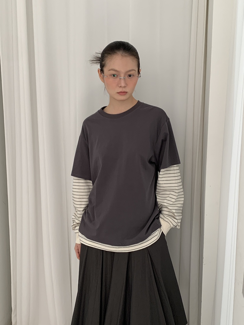 OURS韓國東大門直郵女裝新款熱賣人氣職業長袖T恤假兩件條紋OURS長袖T恤