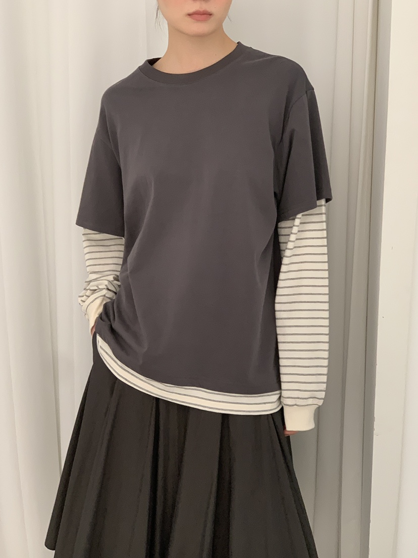 OURS韓國東大門直郵女裝新款熱賣人氣職業長袖T恤假兩件條紋OURS長袖T恤