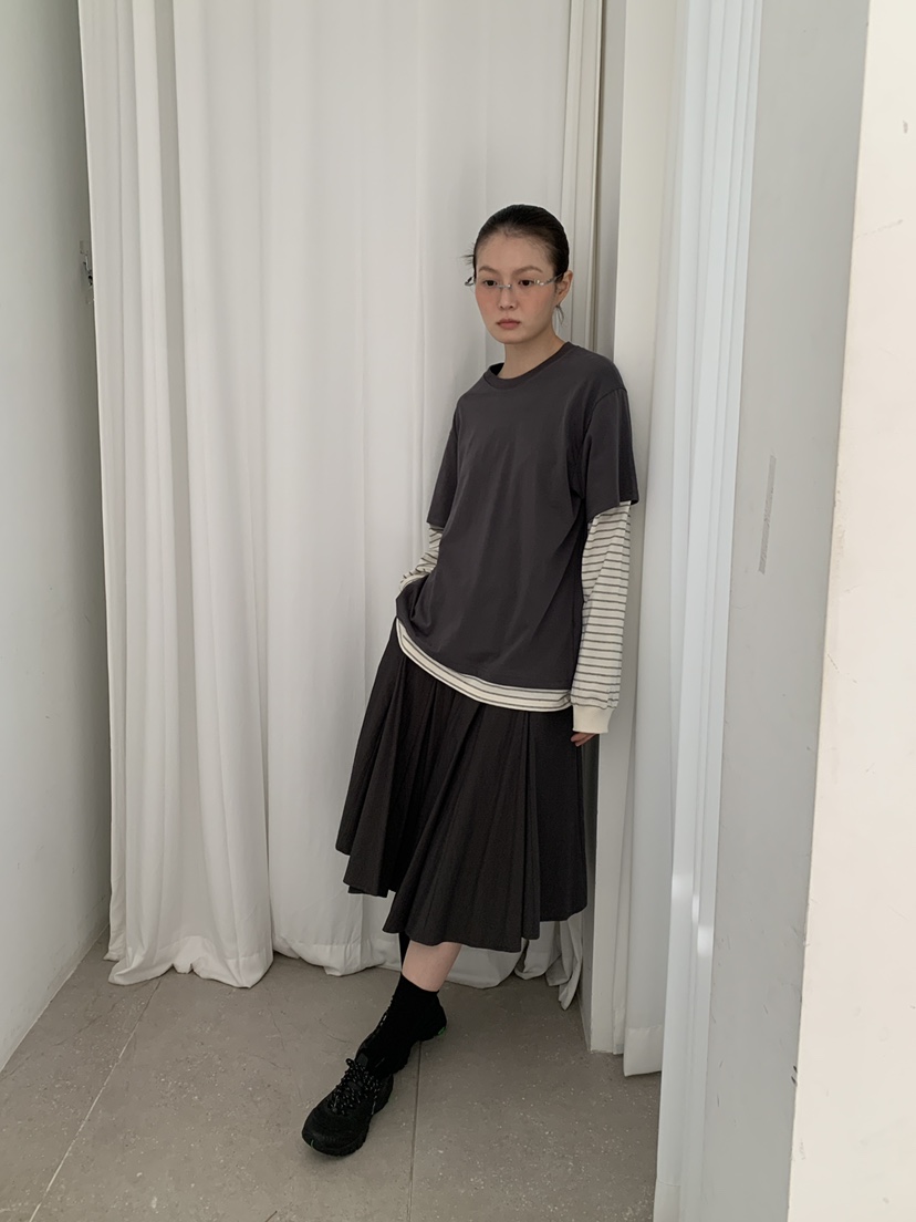 OURS韓國東大門直郵女裝新款熱賣人氣職業長袖T恤假兩件條紋OURS長袖T恤