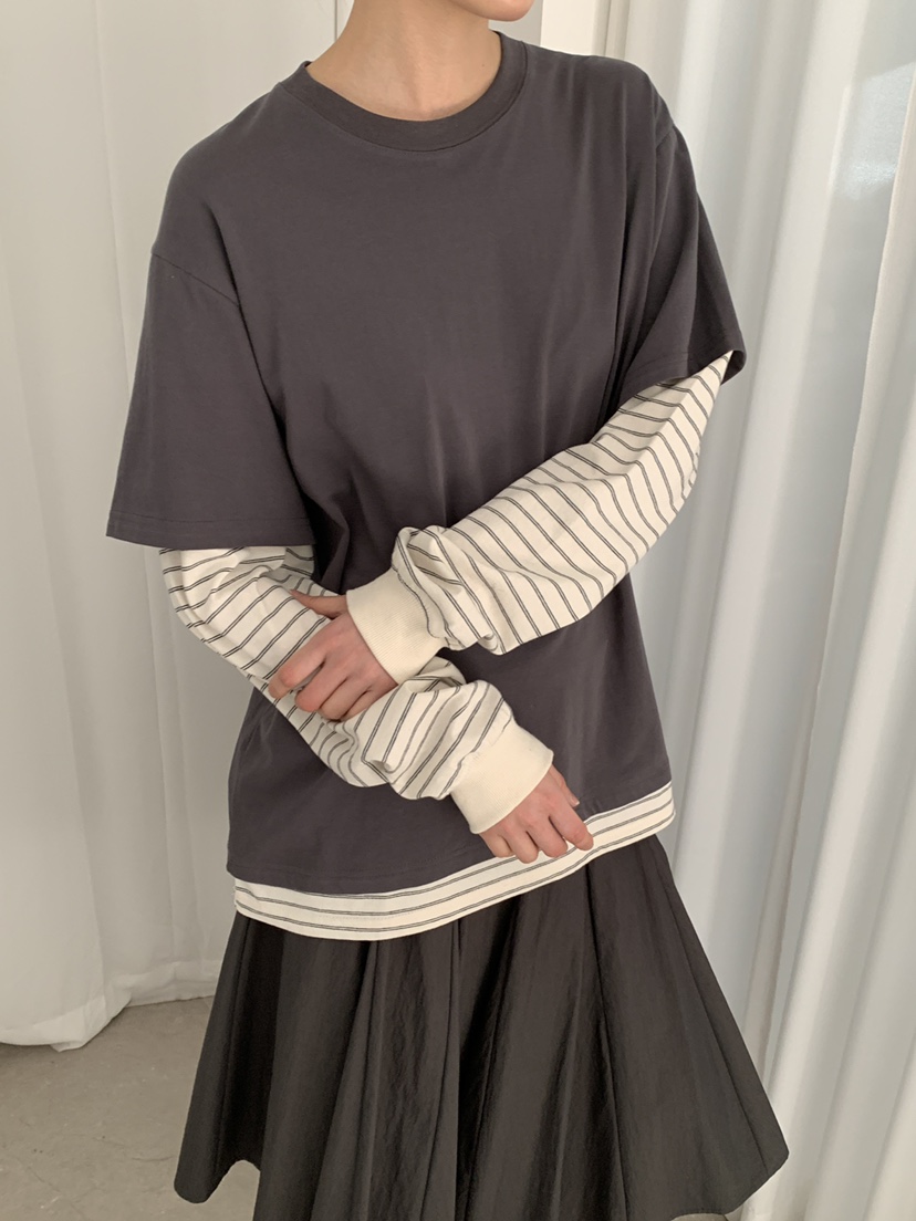 OURS韓國東大門直郵女裝新款熱賣人氣職業長袖T恤假兩件條紋OURS長袖T恤