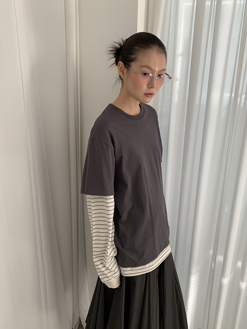 OURS韓國東大門直郵女裝新款熱賣人氣職業長袖T恤假兩件條紋OURS長袖T恤