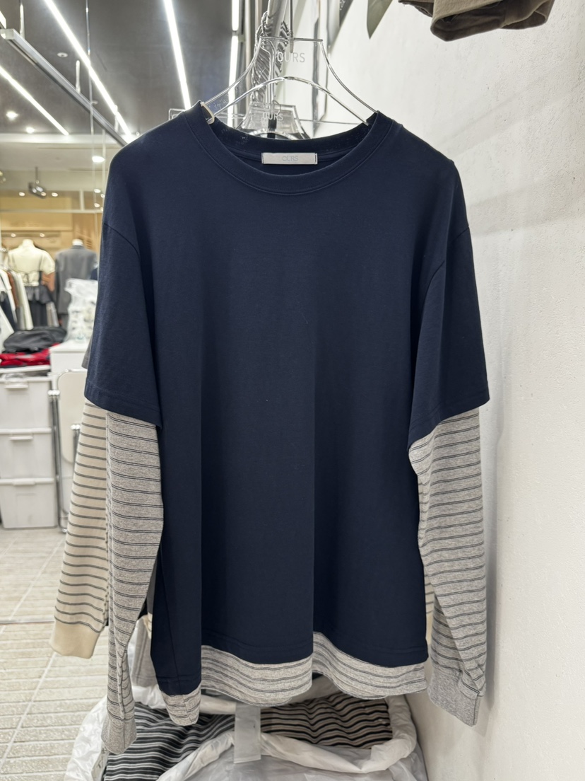 OURS韓國東大門直郵女裝新款熱賣人氣職業長袖T恤假兩件條紋OURS長袖T恤圖色1