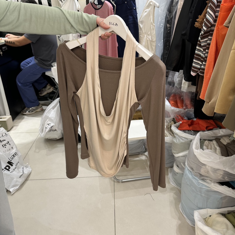 EGG IS韓國代購女士新品人氣休閑推薦時尚長袖T恤假兩件EGG IS長袖T恤圖色3