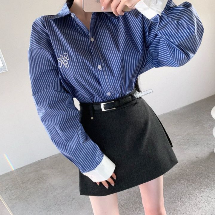 FEMME韓國代購女裝新品推薦休閑職業26春夏襯衫蕾絲衫刺繡條紋FEMME襯衫/蕾絲衫