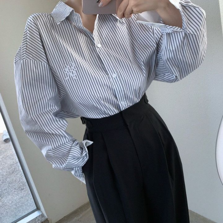 FEMME韓國代購女裝新品推薦休閑職業26春夏襯衫蕾絲衫刺繡條紋FEMME襯衫/蕾絲衫