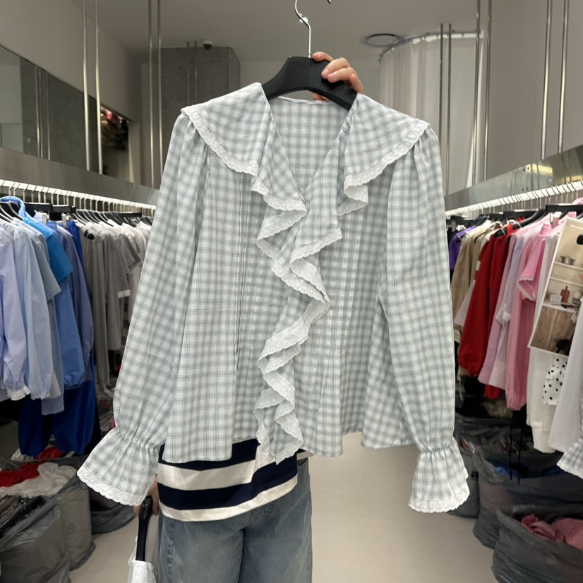 ARTE STUDIO/ATTENTION EDITORIAL韓國直郵實拍女裝新款人氣襯衫蕾絲衫荷葉邊褶裥ARTE STUDIO/ATTENTION EDITORIAL襯衫/蕾絲衫圖色2綠色