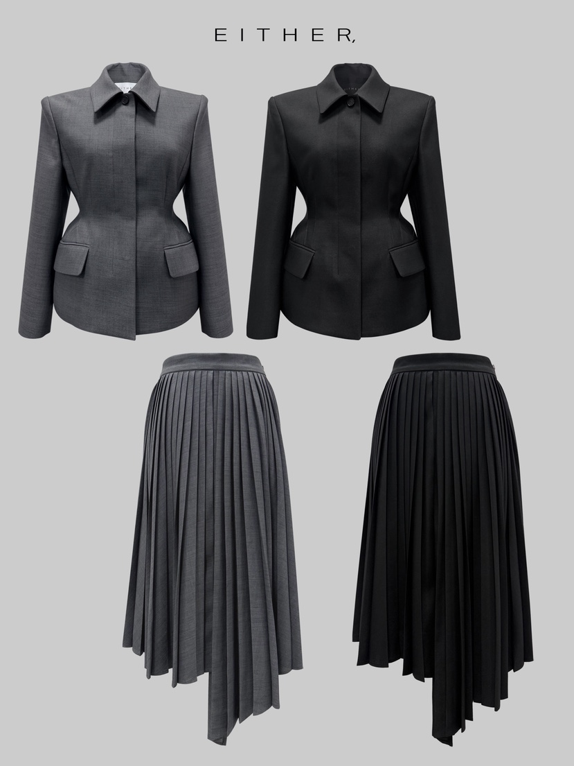 EITHER韓國東大門代購女裝新品人氣職業推薦長裙不對稱褶裥EITHER長裙