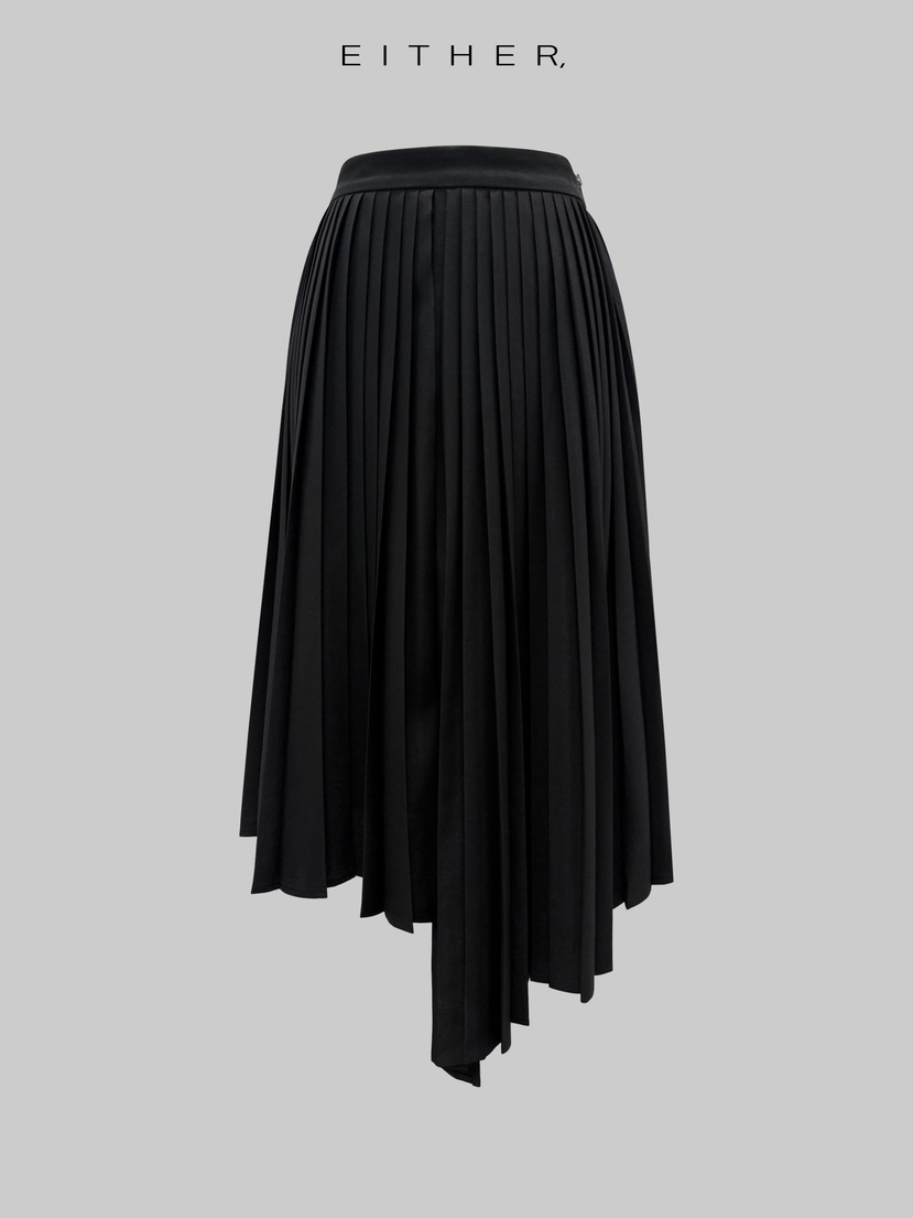 EITHER韓國東大門代購女裝新品人氣職業推薦長裙不對稱褶裥EITHER長裙圖色2黑