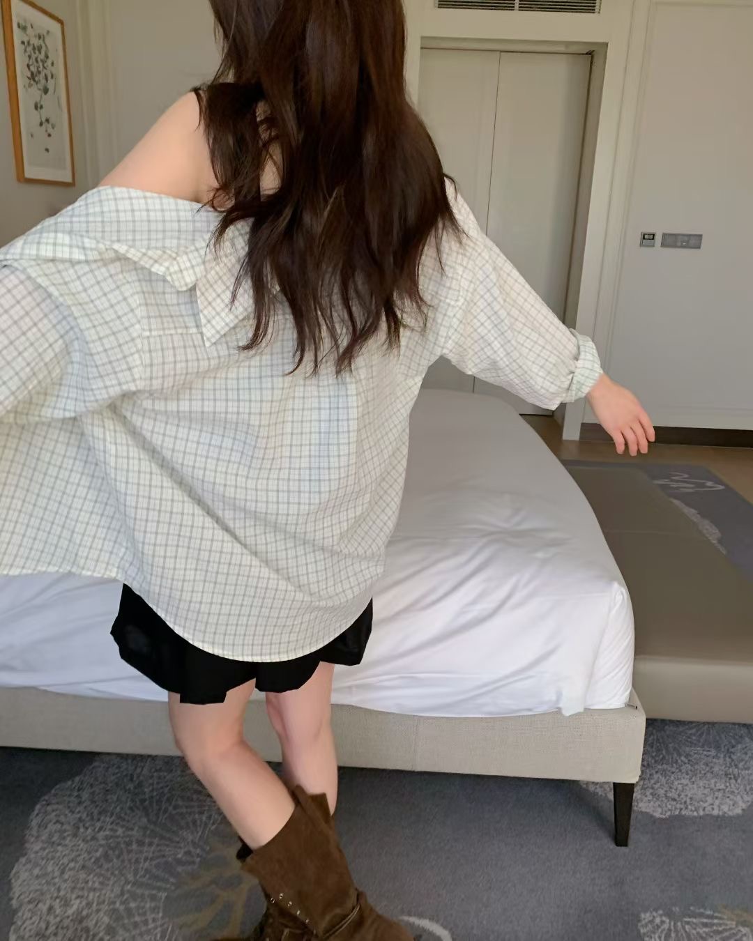 EZEDIARY韓國代購女士新品26春夏休閑時尚襯衫蕾絲衫格子EZEDIARY襯衫/蕾絲衫