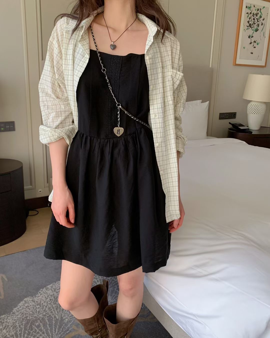 EZEDIARY韓國代購女士新品26春夏休閑時尚襯衫蕾絲衫格子EZEDIARY襯衫/蕾絲衫圖色1