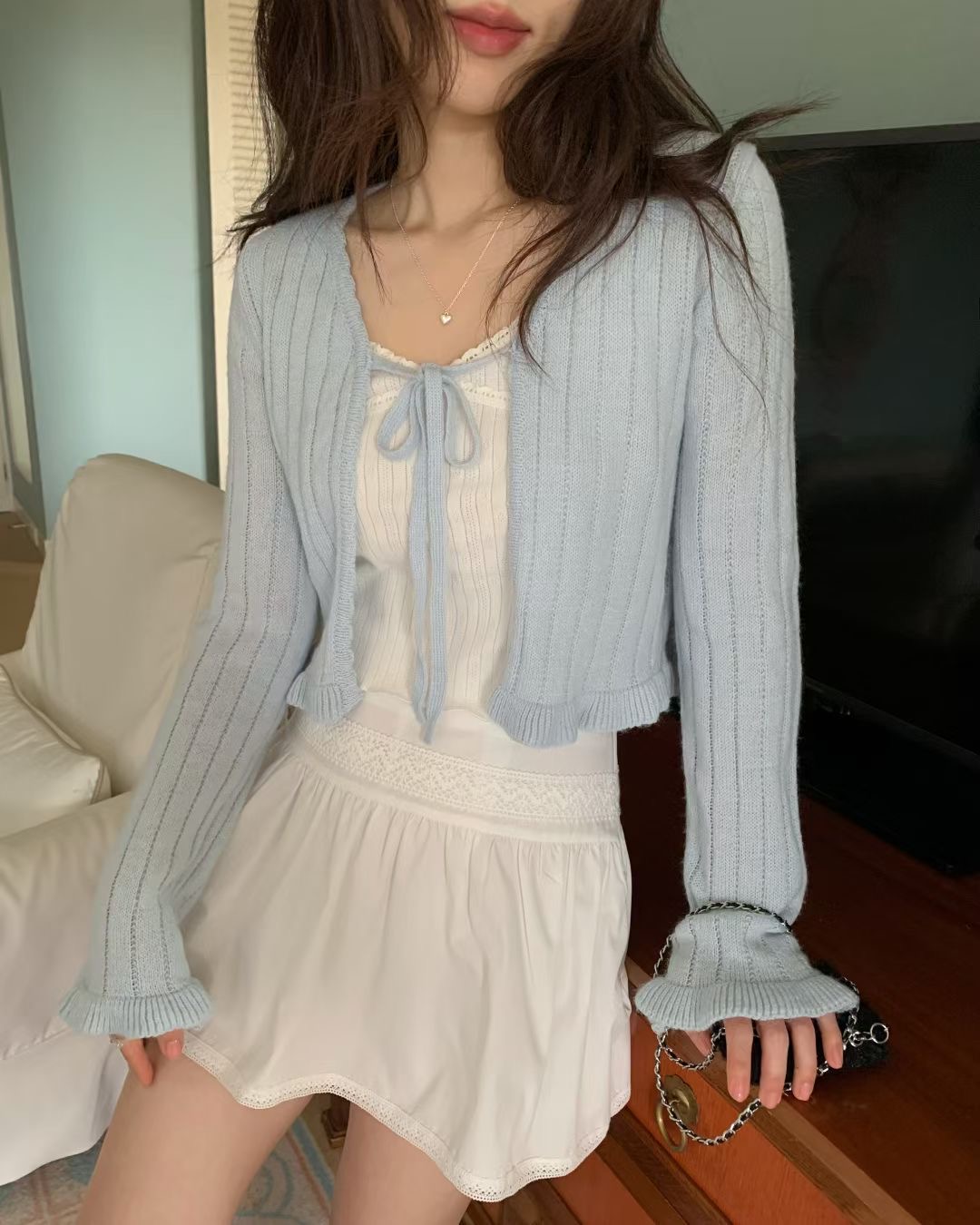 EZEDIARY東大門直郵女裝新款休閑針織衫不含內搭荷葉邊短款開衫EZEDIARY針織衫圖色1