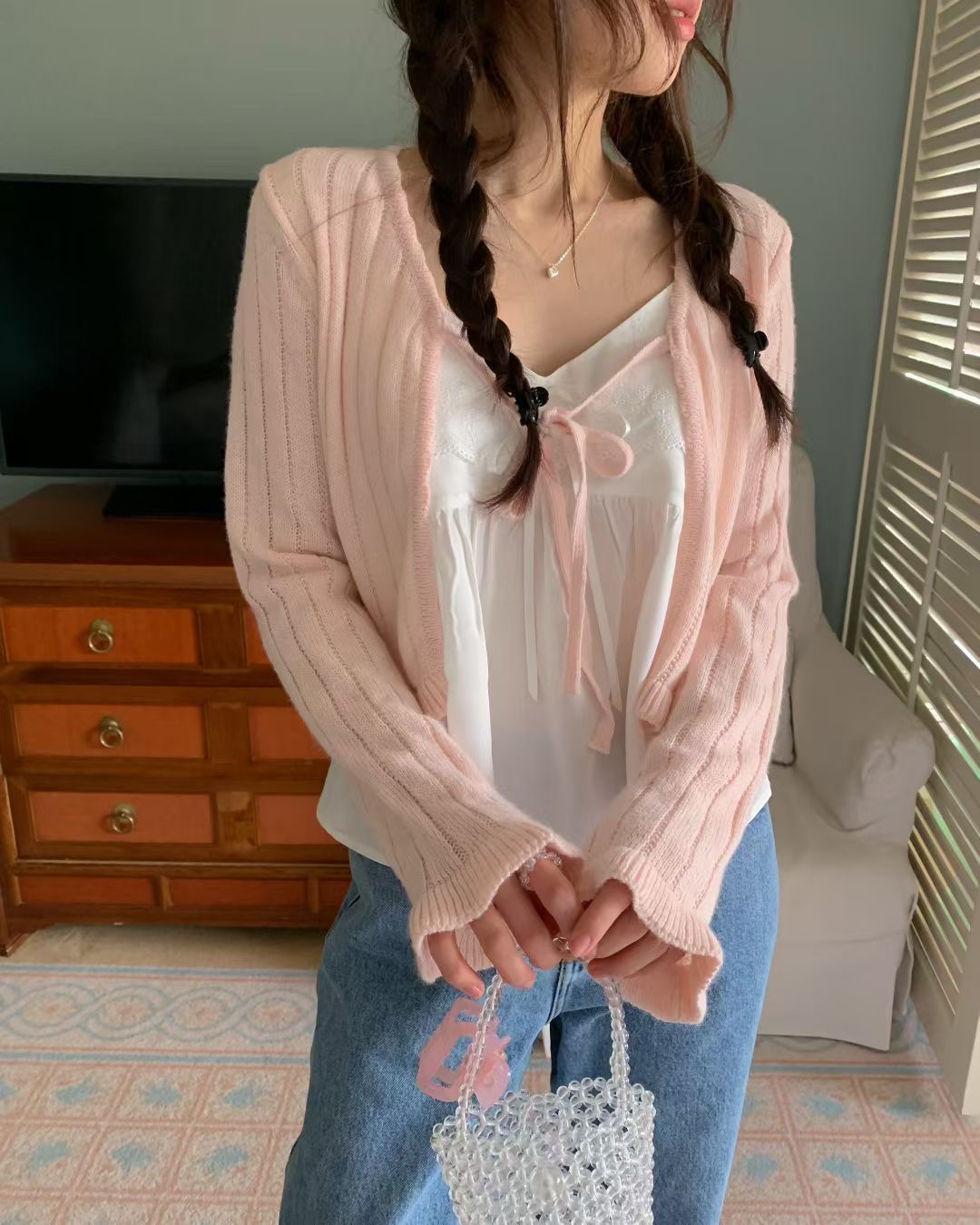 EZEDIARY東大門直郵女裝新款休閑針織衫不含內搭荷葉邊短款開衫EZEDIARY針織衫圖色2