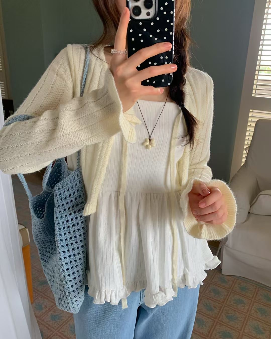 EZEDIARY東大門直郵女裝新款休閑針織衫不含內搭荷葉邊短款開衫EZEDIARY針織衫圖色3