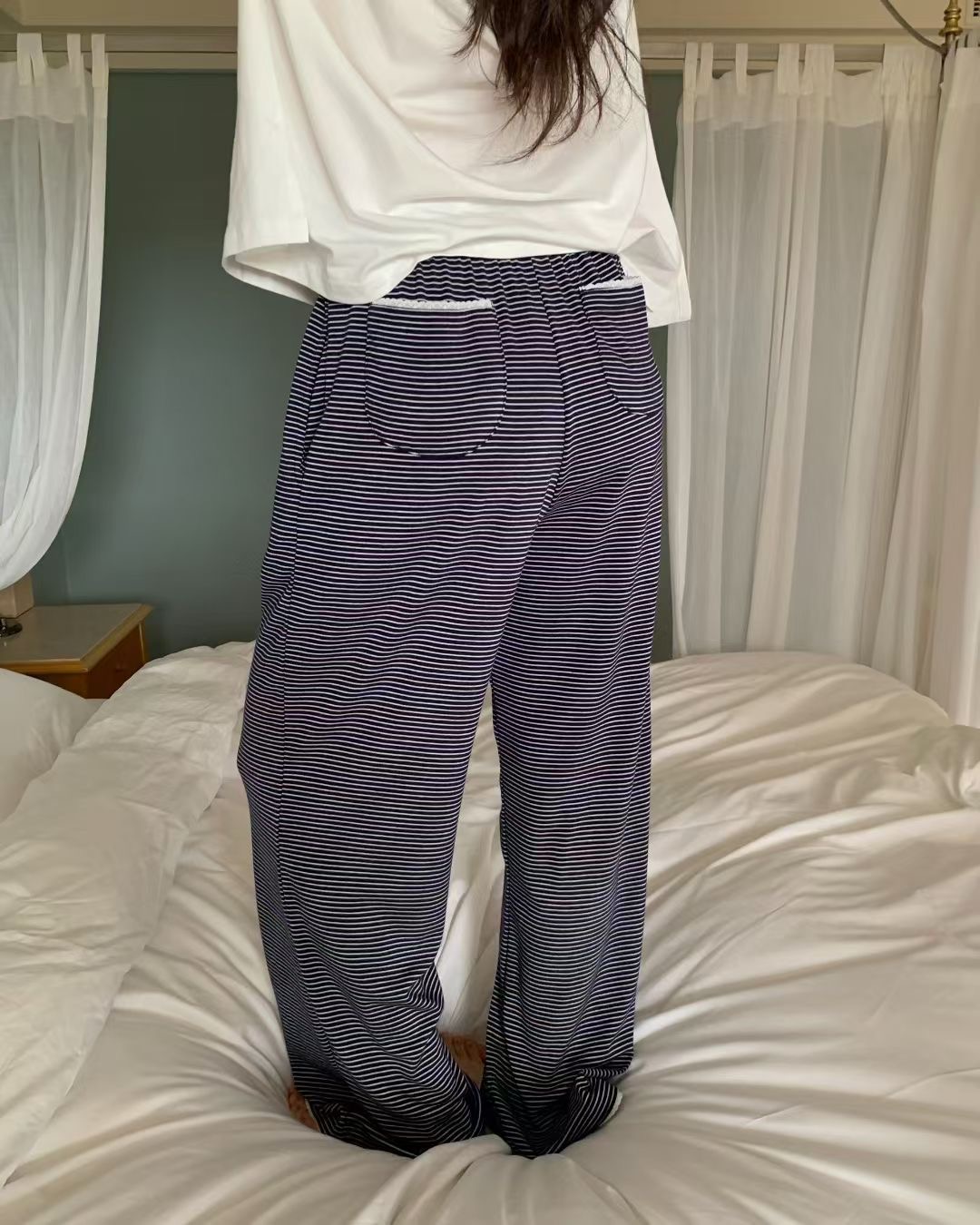 EZEDIARY韓國直郵女裝新品職業真品休閑熱賣休閑褲蕾絲條紋EZEDIARY休閑褲