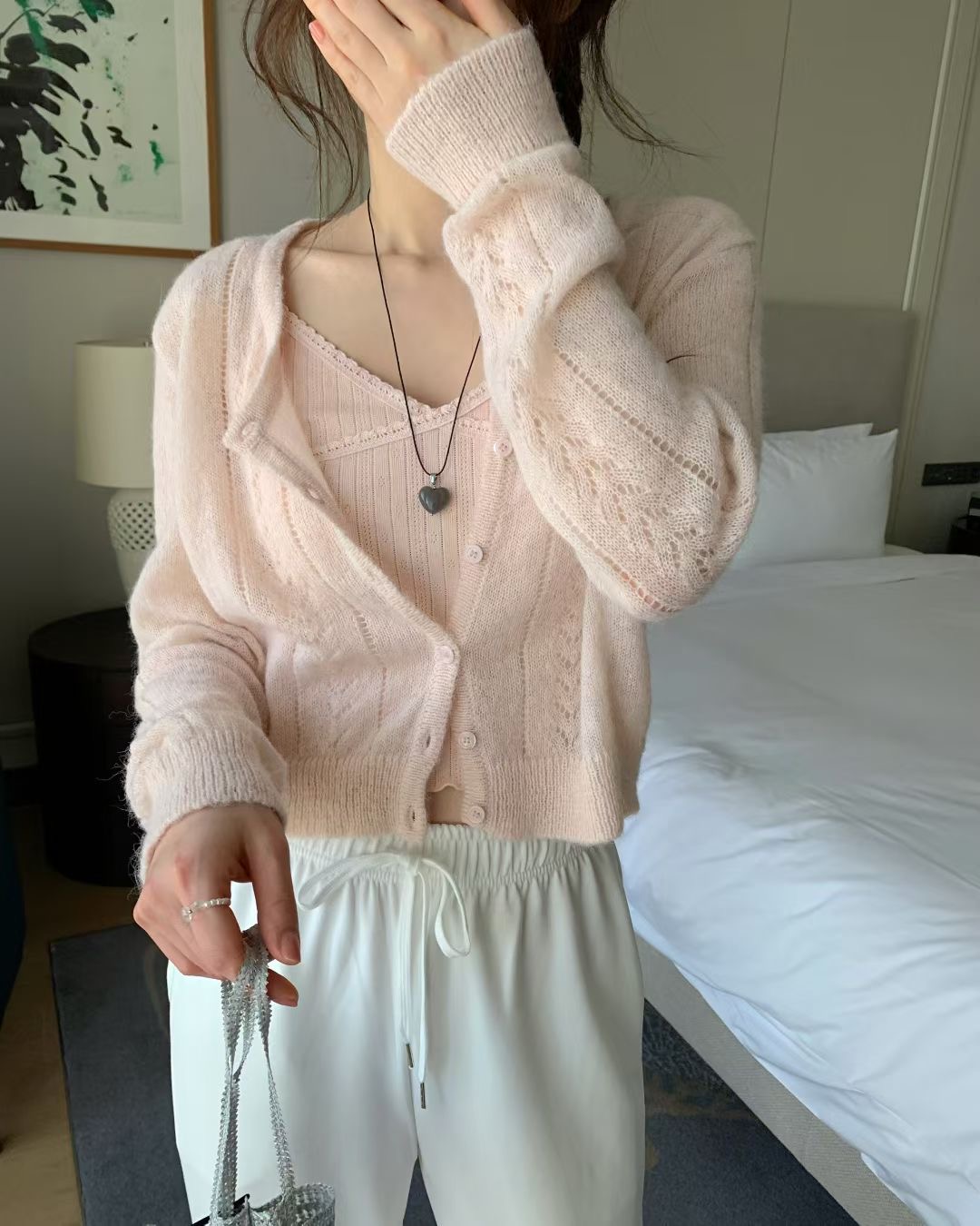 EZEDIARY韓國代購女裝新品人氣針織衫不含內搭羊駝毛開衫鏤空EZEDIARY針織衫