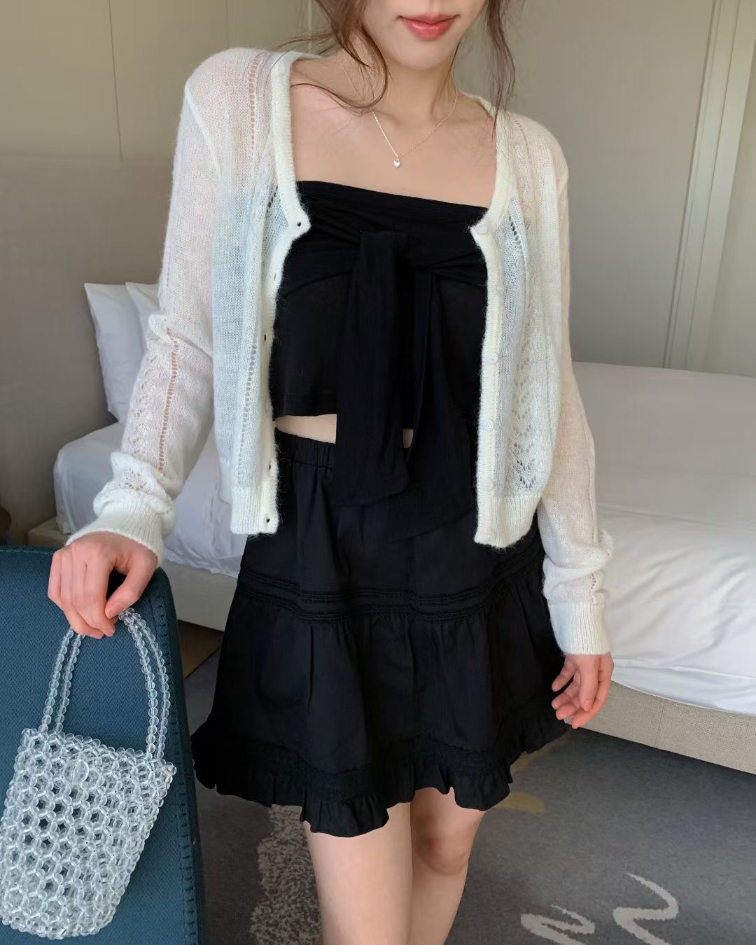 EZEDIARY韓國代購女裝新品人氣針織衫不含內搭羊駝毛開衫鏤空EZEDIARY針織衫