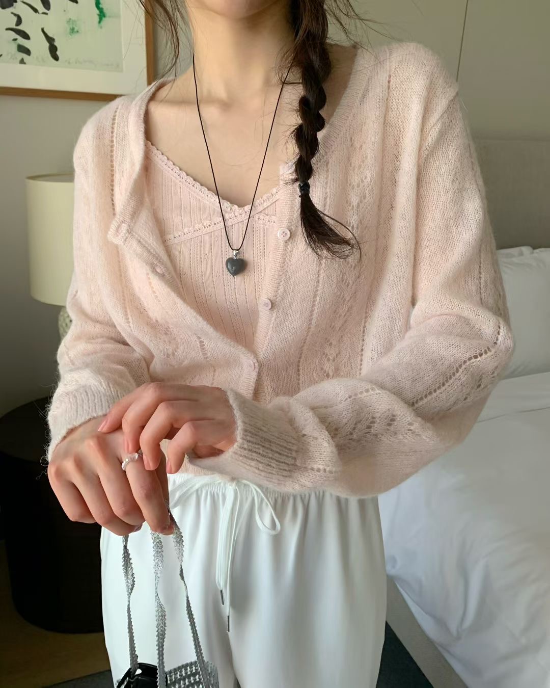 EZEDIARY韓國代購女裝新品人氣針織衫不含內搭羊駝毛開衫鏤空EZEDIARY針織衫圖色1