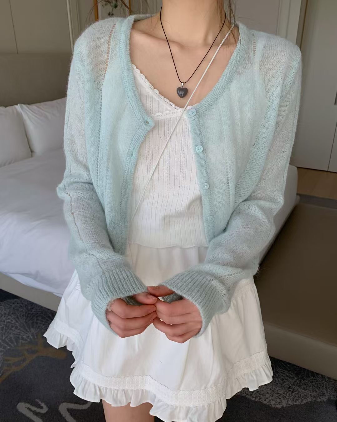 EZEDIARY韓國代購女裝新品人氣針織衫不含內搭羊駝毛開衫鏤空EZEDIARY針織衫圖色2