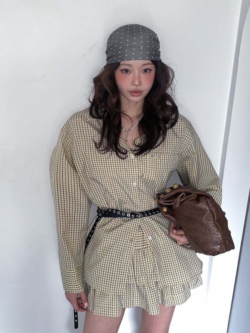 VERANDA韓國代購女士新品推薦休閑真品26春夏襯衫蕾絲衫格紋VERANDA襯衫/蕾絲衫